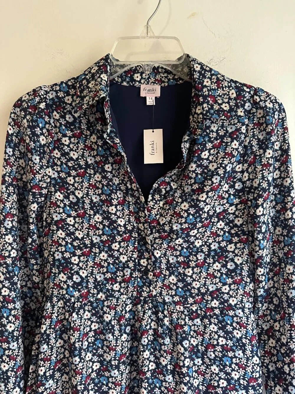 NWT Franki by Francesca’s Youth Girls 14 Floral Shirt Dress Navy Long Sleeve